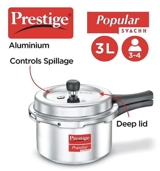 Prestige Popular Svachh Virgin Aluminium Spillage Control Outer Lid Pressure Cooker, 3 L (Silver) - Image 2
